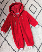 RED FLUFFY ALL-IN-ONE/ ROMPER W/ HOOD- AGE 1