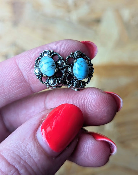 VINTAGE TURQUOISE & MARCASITE CLIP ON EARRINGS