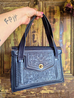 NAVY TOOLED LEATHER HANDBAG