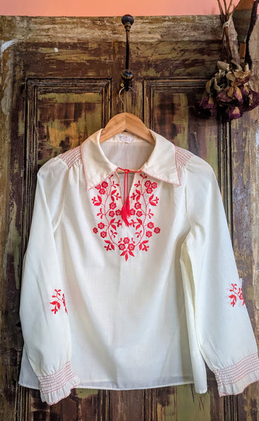 1970s RED EMBROIDERED PENNY LANE EMBROIDERED BLOUSE- 12/14