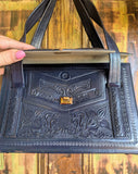 NAVY TOOLED LEATHER HANDBAG