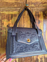 NAVY TOOLED LEATHER HANDBAG