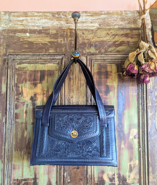 NAVY TOOLED LEATHER HANDBAG