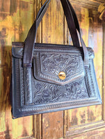 NAVY TOOLED LEATHER HANDBAG